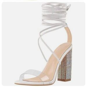 Richealnana NWT Heels White Rhinestones Block Heels Straps 9 Ankle Lace Dressy
